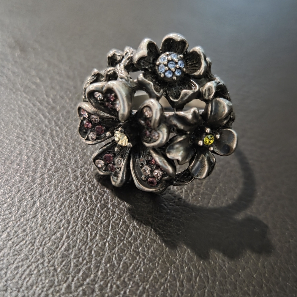 VINTAGE HOBE STERLING SILVER RHINESTONE FLOWER RING FLORAL